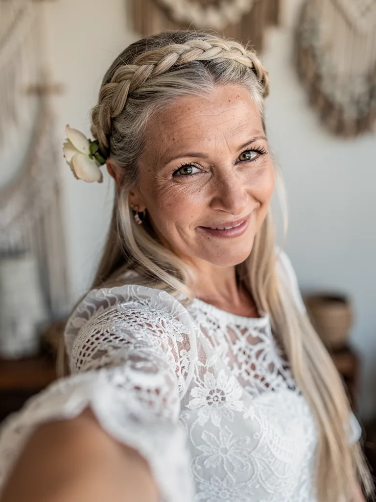 Elegant Crown Braid with Ash Blonde Highlights